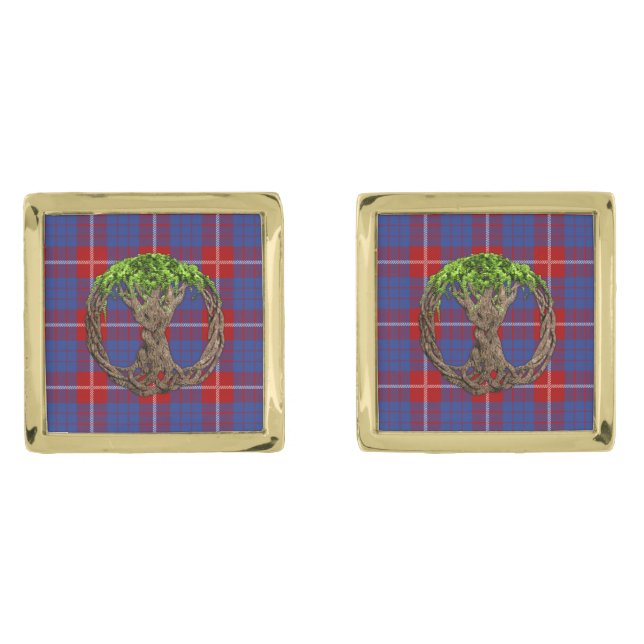 Celtic Tree Of Life And Clan Hamilton Tartan Gold Cufflinks (Front)