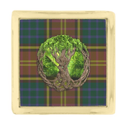 Celtic Tree Of Life And Roscommon County Tartan Gold Finish Lapel Pin