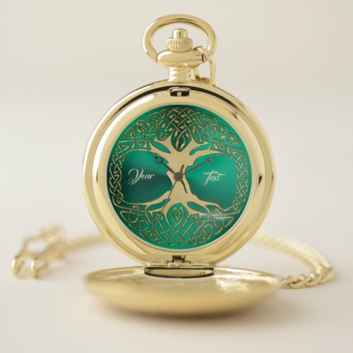 Celtic Tree of Life Green and Gold Pocket Watch