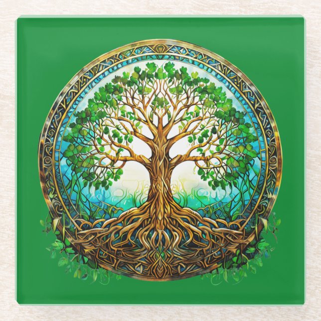 Celtic Tree of Life in Emerald Green Glass Coaster (Front)