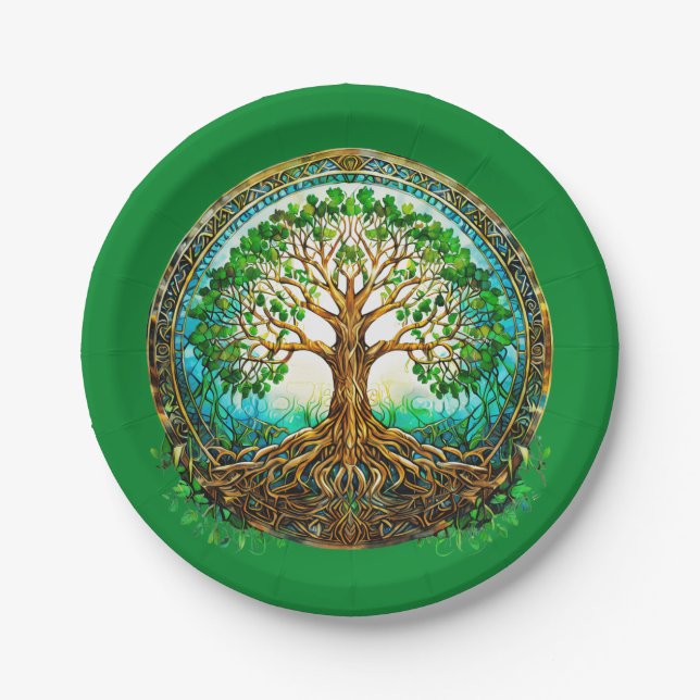 Celtic Tree of Life in Emerald Green Paper Plates (Front)