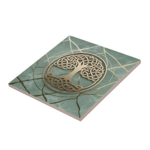 Celtic Tree of Life Sage Marble Gold Crann Bethadh Ceramic Tile