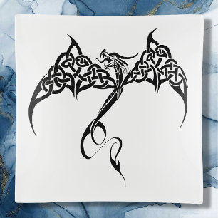 Celtic Tribal Dragon Black White Trinket Tray