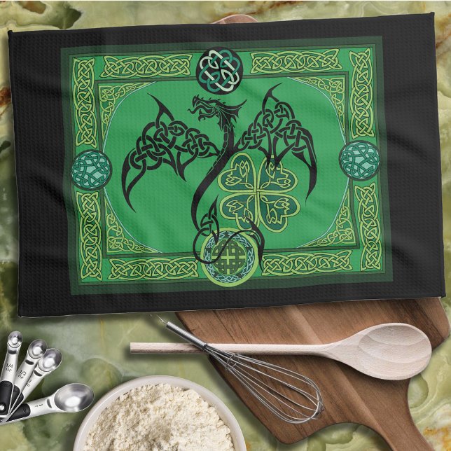 Celtic Tribal Dragon Irish Emerald Green Knotwork Kitchen Towel (Creator Uploaded)