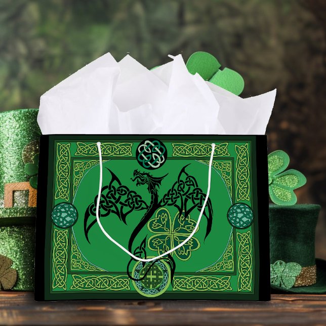 Celtic Tribal Dragon Irish Emerald Green Knotwork Large Gift Bag (Creator Uploaded)