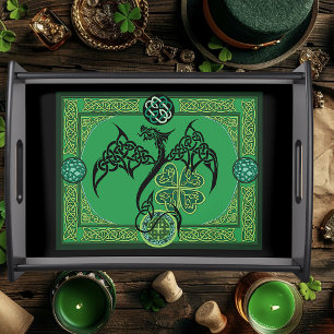 Celtic Tribal Dragon Irish Emerald Green Knotwork Serving Tray