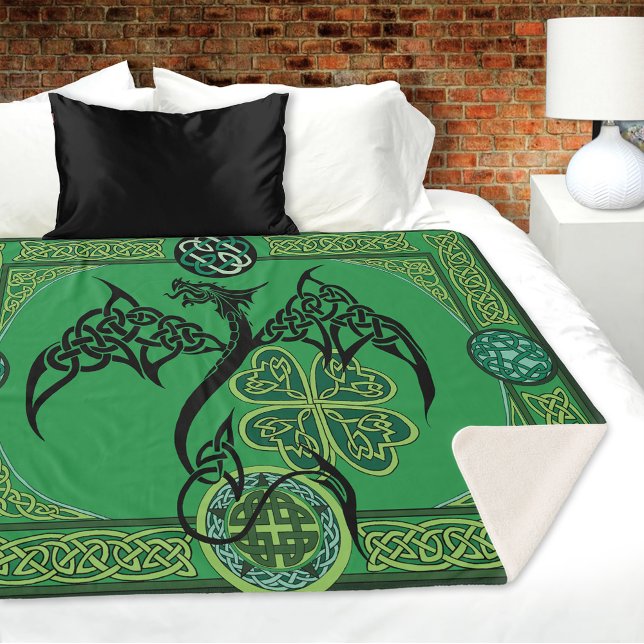 Celtic Tribal Dragon Irish Emerald Green Knotwork Sherpa Blanket (Creator Uploaded)
