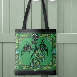 Celtic Tribal Dragon Irish Emerald Green Knotwork Tote Bag