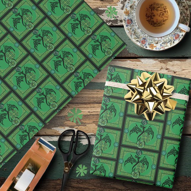 Celtic Tribal Dragon Irish Emerald Green Knotwork Wrapping Paper (Creator Uploaded)