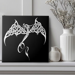 Celtic Tribal Dragon Knotwork Black White Fantasy Ceramic Tile