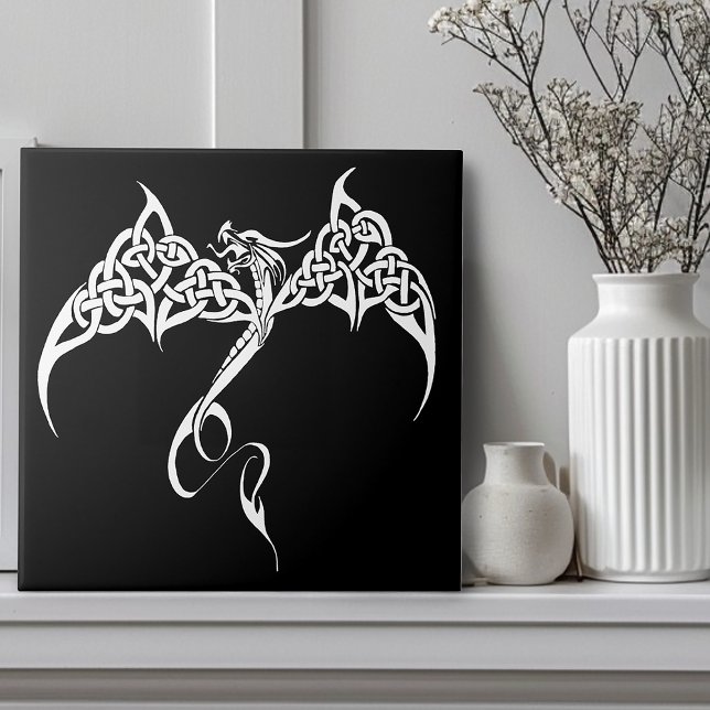 Celtic Tribal Dragon Knotwork Black White Fantasy Ceramic Tile (Creator Uploaded)