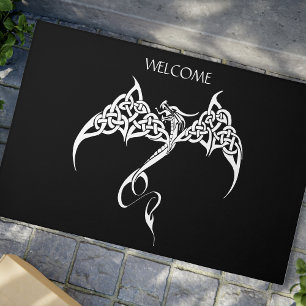 Celtic Tribal Dragon Knotwork Black White Fantasy Doormat