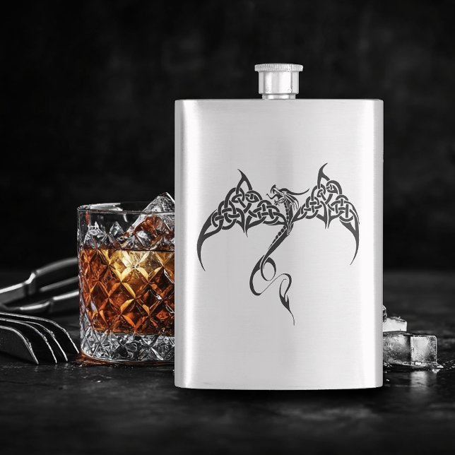 Celtic Tribal Dragon Knotwork Black White Fantasy Hip Flask (Creator Uploaded)