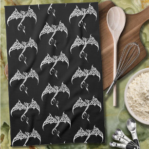 Celtic Tribal Dragon Knotwork Black White Fantasy Kitchen Towel