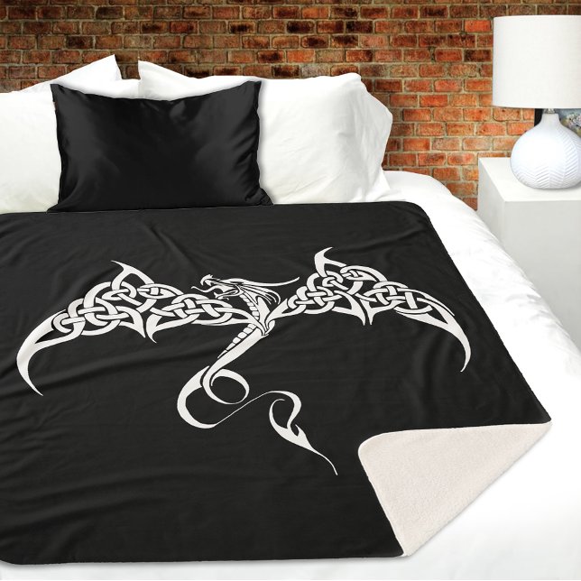 Celtic Tribal Dragon Knotwork Black White Fantasy Sherpa Blanket (Creator Uploaded)