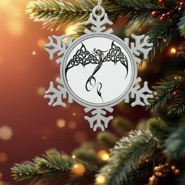 Celtic Tribal Dragon Knotwork Black White Fantasy Snowflake Pewter Christmas Ornament (Creator Uploaded)