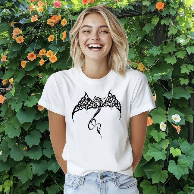 Celtic Tribal Dragon Knotwork Black White Fantasy T-Shirt (Creator Uploaded)