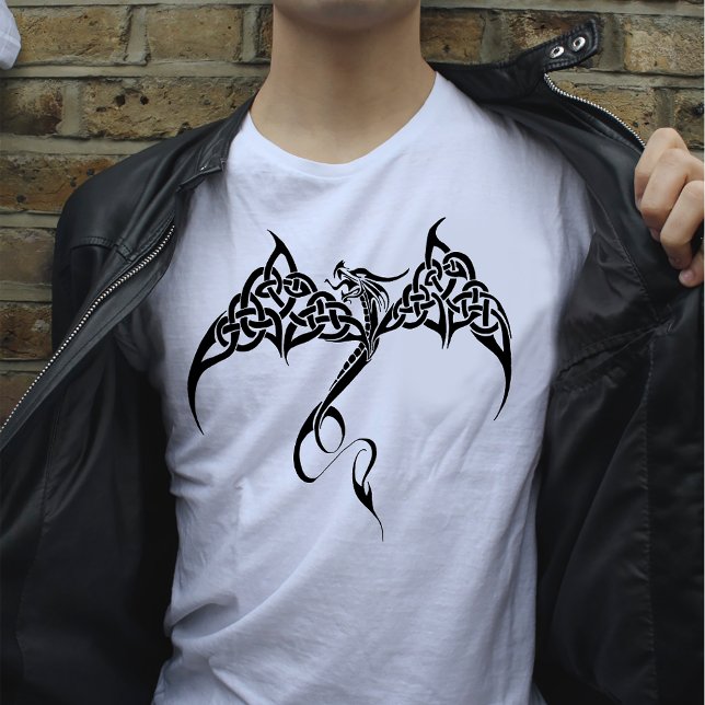 Celtic Tribal Dragon Knotwork Black White Fantasy T-Shirt (Creator Uploaded)