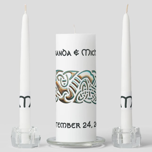 Celtic Tribal Teal & Gold Unity Candle Set (Front)