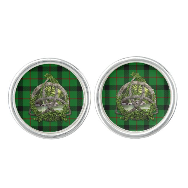 Celtic Trinity Knot And Clan Kincaid Tartan Cufflinks (Front)