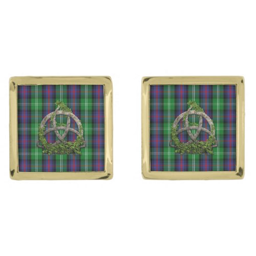 Celtic Trinity Knot And Clan Sutherland Tartan Gold Cufflinks