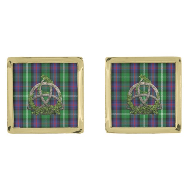 Celtic Trinity Knot And Clan Sutherland Tartan Gold Cufflinks (Front)