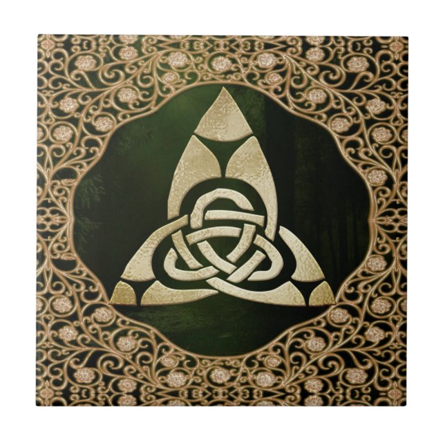 Celtic Trinity Knot on Forest Shadows  Ceramic Tile (Front)