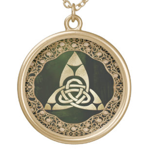 Celtic Trinity Knot on Forest Shadows   Gold Plated Necklace