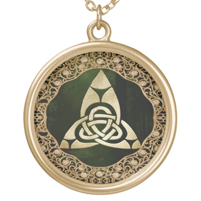 Celtic Trinity Knot on Forest Shadows   Gold Plated Necklace (Front)