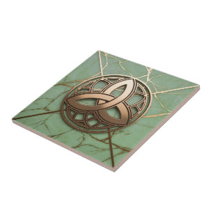 Celtic Trinity Knot on Sage Marble Gold Veins Ceramic Tile