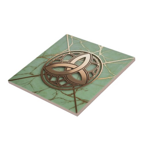 Celtic Trinity Knot on Sage Marble Gold Veins Ceramic Tile