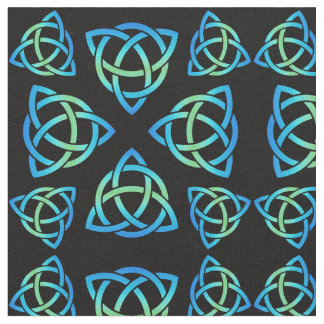 Celtic Triquetra Pattern Blues and Green on Black Fabric