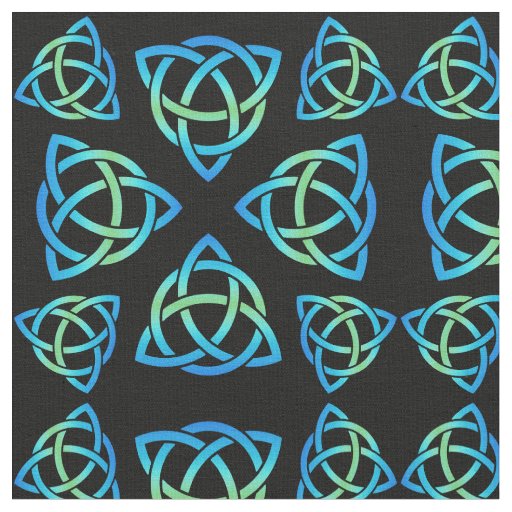 Celtic Triquetra Pattern Blues and Green on Black Fabric