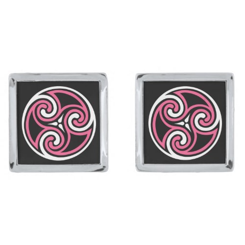 Celtic Triskele Ornament Fuchsia Black and White Silver Cufflinks