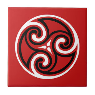 Celtic Triskele Ornament, Red, Black and White Ceramic Tile