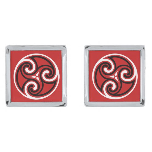 Celtic Triskele Ornament Red Black and White Silver Cufflinks