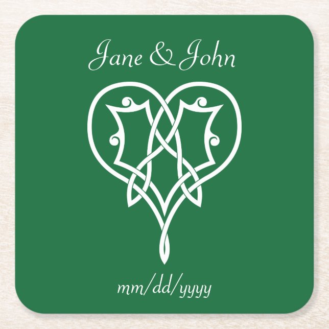 Celtic Weave Hearts in Green Paper Coaster (Front)