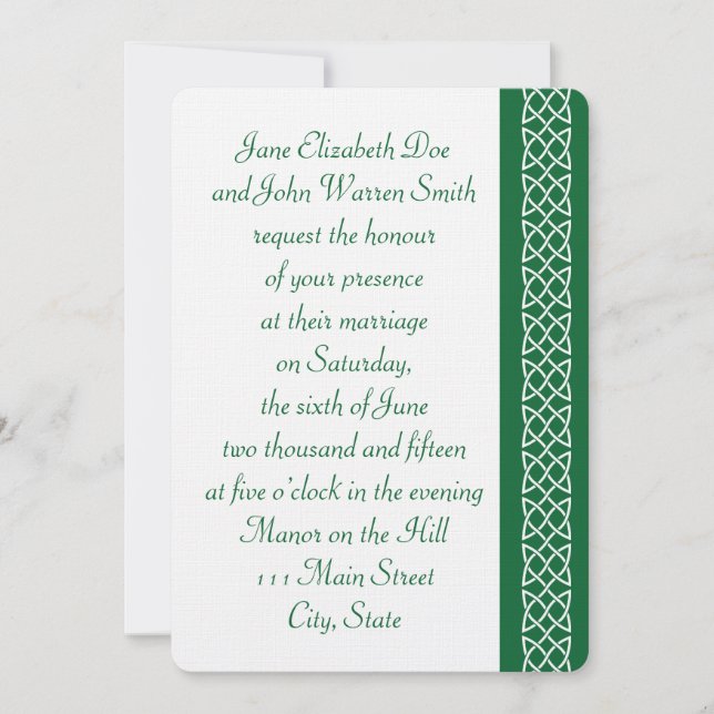 Celtic Weave Hearts in Green Wedding Invitation (Front)