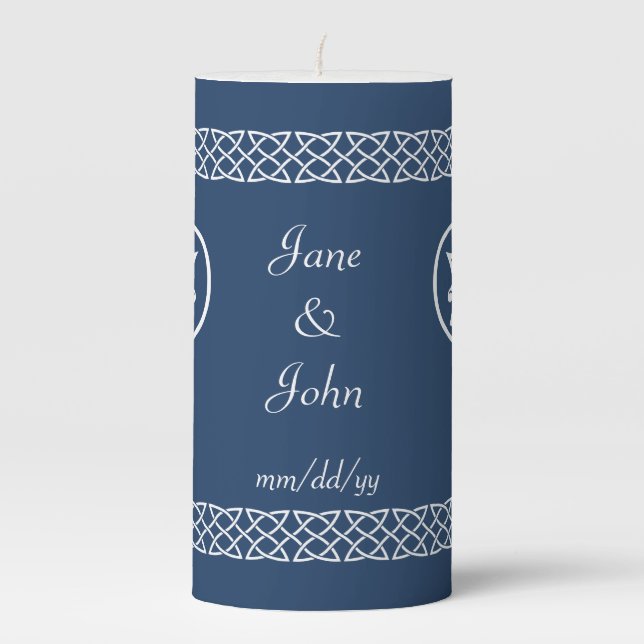 Celtic Weave Hearts in Navy Pillar Candle (Front)
