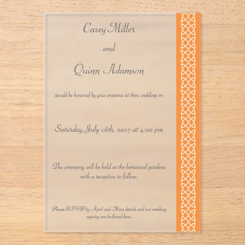 Celtic Weave Hearts in Orange Acrylic Wedding Invitations