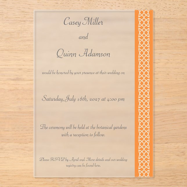 Celtic Weave Hearts in Orange Acrylic Wedding  Invitations (Front)