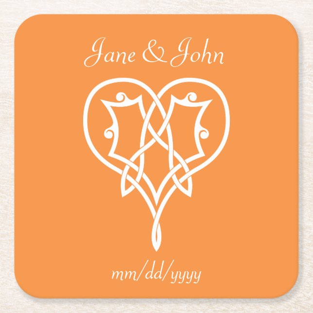 Celtic Weave Hearts in Orange Paper Coaster (Front)
