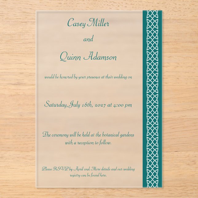 Celtic Weave Hearts in Teal Acrylic Wedding  Invitations (Front)