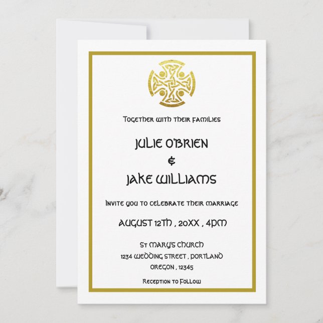 Celtic Wedding Faux Gold Celtic Knot Cross Invitation (Front)