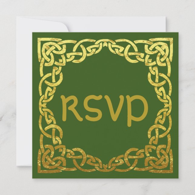 Celtic Wedding Green | Faux Gold Celtic Knot RSVP Invitation (Front)