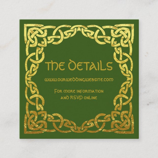Celtic Wedding Green | Faux Gold Details Website Square Business Card (Front)