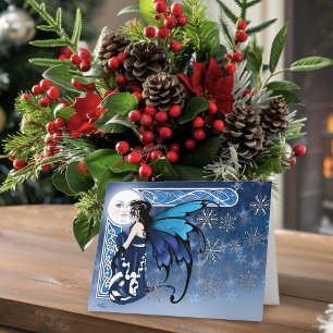 Celtic Winter Moon Fairy Blue Snowflakes Fantasy Card