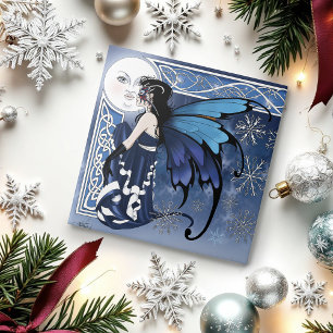 Celtic Winter Moon Fairy Blue Snowflakes Fantasy Ceramic Tile