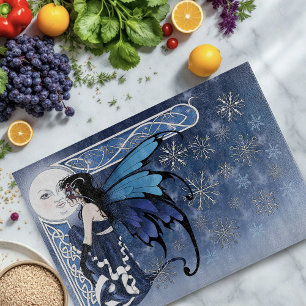 Celtic Winter Moon Fairy Blue Snowflakes Fantasy Cutting Board