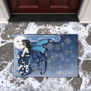 Celtic Winter Moon Fairy Blue Snowflakes Fantasy Doormat